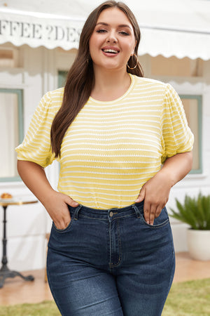 Yellow Stripe Short Puff Sleeve Plus Size Top