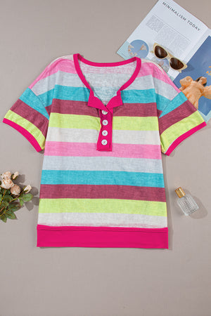 Rose Stripe Colorblock Plus Size Knit Henley Top