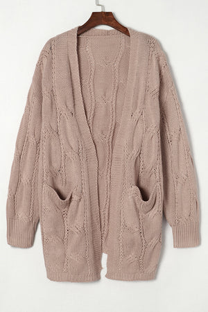 Gray Ribbed Trim Hollow Knit Side Slits Cardigan