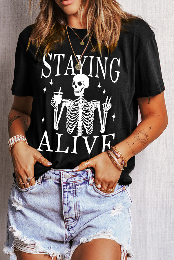 Black STAYING ALIVE Funny Skeleton Print Graphic T Shirt