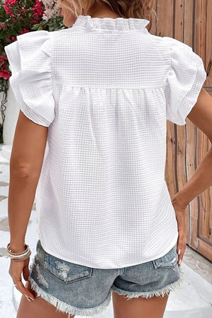 White Textured Ruffle Flutter Sleeve Plus Size Blouse