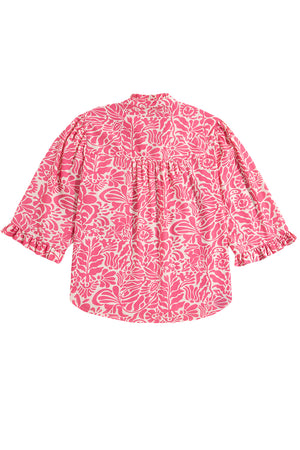 Pink Plus Size Floral Print Frilled Neck Puff Sleeve Blouse