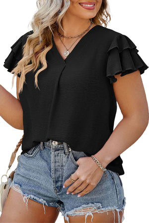 Black Ruffled Short Sleeve V Neck Plus Size Blouse