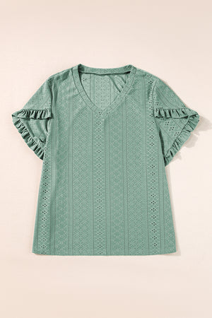 Laurel Green Petal Sleeve Jacquard V Neck Plus Size Blouse