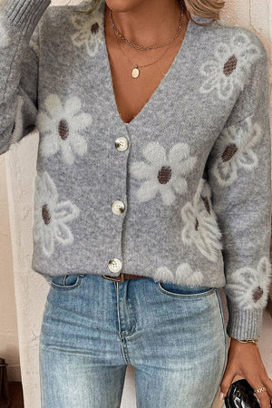 Light Grey Floral Print V Neck Knitted Button Up Cardigan