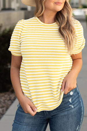 Yellow Stripe Short Puff Sleeve Plus Size Top