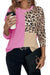 Pale Khaki Casual Waffle Knit Leopard Contrast Long Sleeve Top