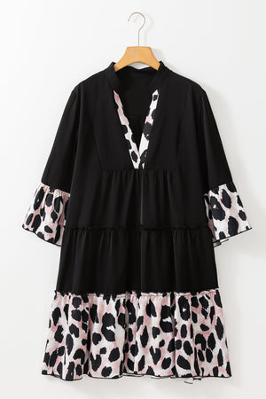 Black Leopard Patchwork Split Neck Ruffle Plus Size Dress