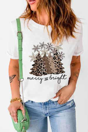 White Leopard Christmas Tree Casual Crew Neck Graphic Tee