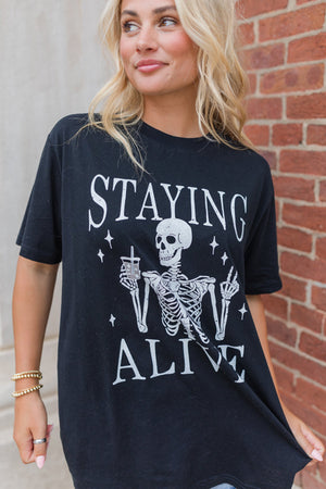 Black STAYING ALIVE Funny Skeleton Print Graphic T Shirt