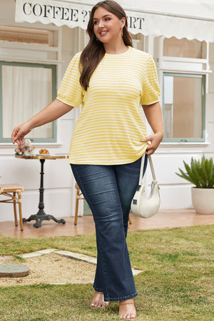 Yellow Stripe Short Puff Sleeve Plus Size Top