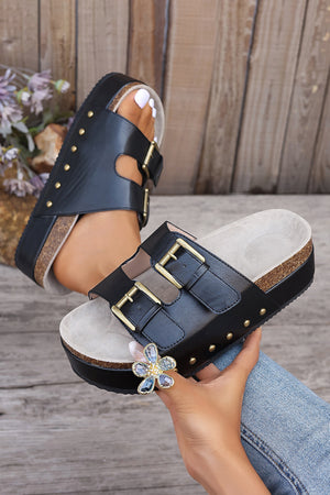 Chestnut Dual Buckle Studded Vintage Platform Slides Shoes