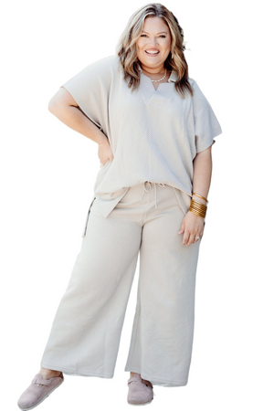 Beige Plus Size Textured Collared Top and Drawstring Pants Set