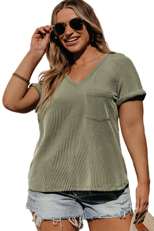 Meadow Mist Green Plus Size Corded V Neck Patch Pocket Tee