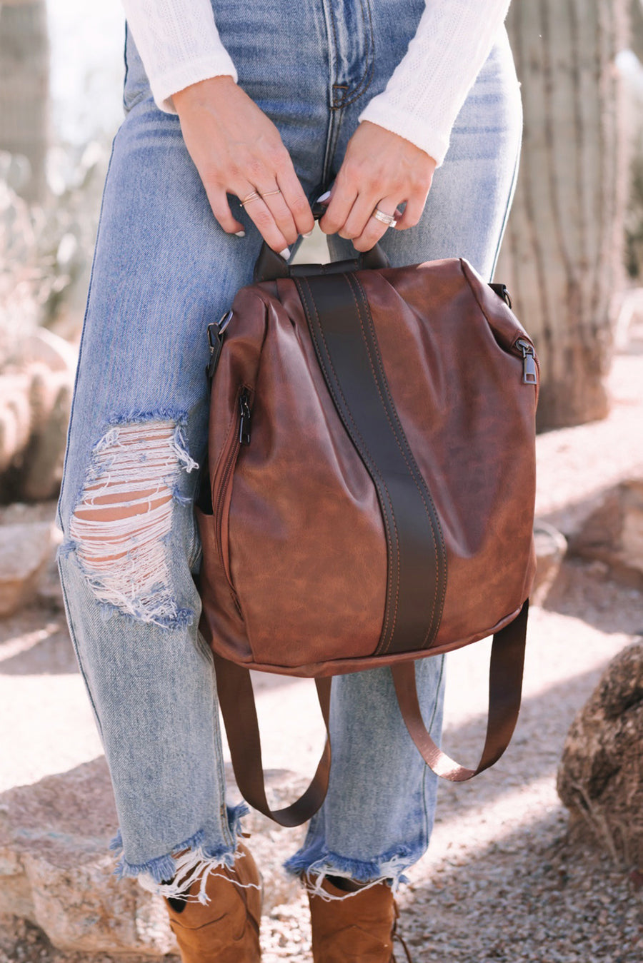 Brown Retro Faux Leather Multi-Functional Zipper Backpack