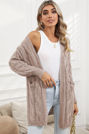 Gray Ribbed Trim Hollow Knit Side Slits Cardigan