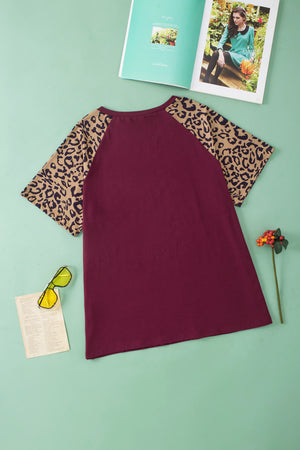 Burgundy Contrast Leopard Raglan Sleeve Plus Size T-shirt