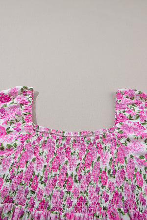 Pink Plus Size Floral Print Smocked Puff Sleeve Maxi Dress