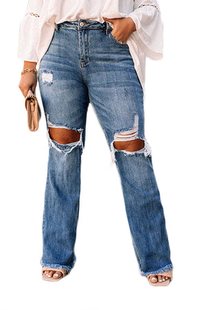 Blue Dark Wash Raw Hem High Waisted Plus Size Ripped Jeans