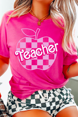 Rose Red Teacher Checkered Apple Graphic Crewneck T Shirt