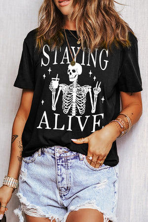 Black STAYING ALIVE Funny Skeleton Print Graphic T Shirt