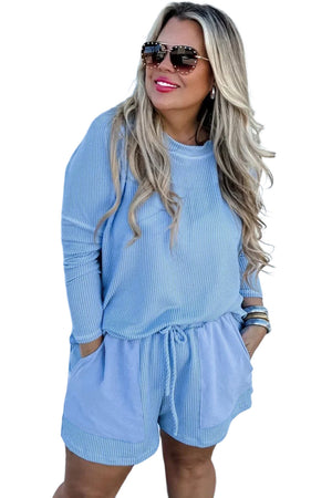 Light Blue Plus Size Ribbed Long Sleeve Top and Drawstring Shorts Set