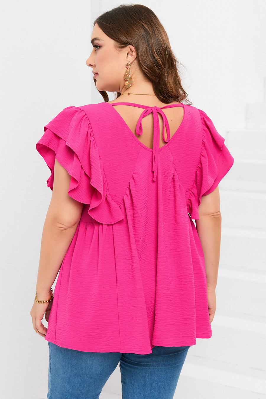 Pink Crinkle V Neck Tie Back Ruffle Plus Size Top