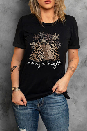 White Leopard Christmas Tree Casual Crew Neck Graphic Tee