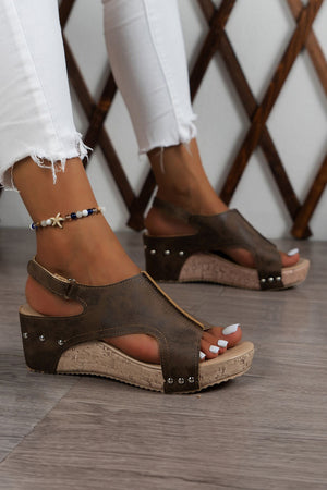 Chestnut Suede Patched Studded Cut Out Wedge Sandals