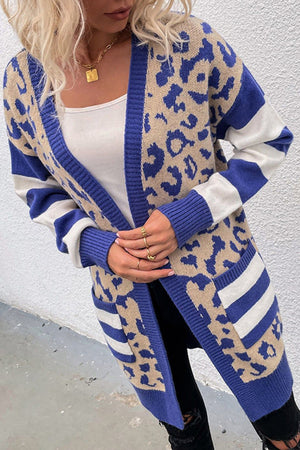 Dark Blue Stripe Sleeve Leopard Print Cardigan