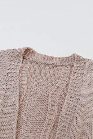 Gray Ribbed Trim Hollow Knit Side Slits Cardigan