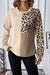 Pale Khaki Casual Waffle Knit Leopard Contrast Long Sleeve Top