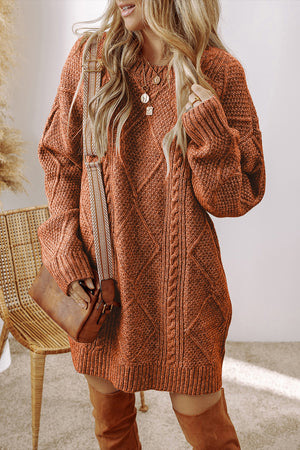 Parchment Twist Cable Knit Drop Shoulder Loose Fit Sweater Dress