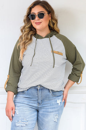 Black Striped Raglan Sleeve Pocket Plus Size Hoodie