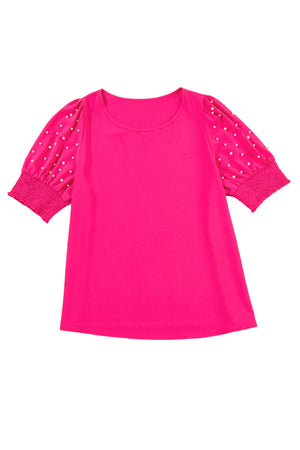 Rose Red Pearl Smocked Puff Sleeve Plus Size Top