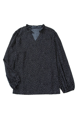 Black Plus Size Leopard Print Frill Notch V Neck Blouse