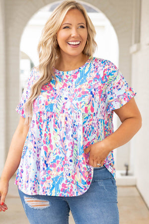 Purple Vibrant Abstract Print Frill Short Sleeve Plus Size Top