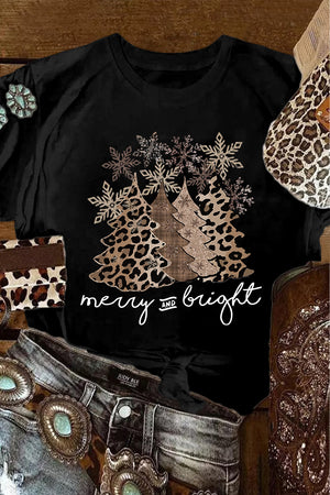 White Leopard Christmas Tree Casual Crew Neck Graphic Tee