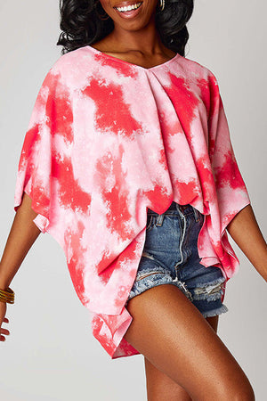 Red Plus Size Tie Dye Print 3/4 Sleeve Tunic Top