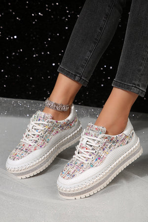 White Shiny Sequin Slip On Thick Sole Flat Shoes