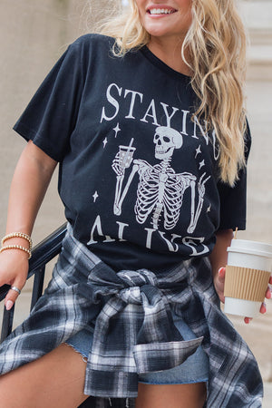 Black STAYING ALIVE Funny Skeleton Print Graphic T Shirt