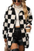 Black Checkered Side Pockets Collared Buttoned Fleece Jacket