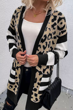 Black Stripe Sleeve Leopard Print Cardigan