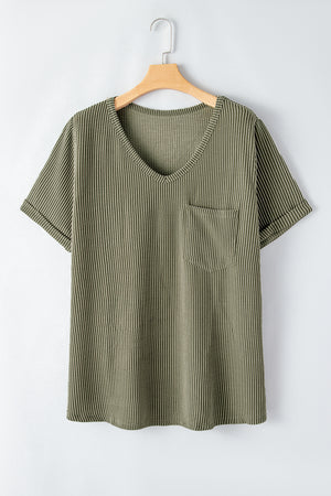 Meadow Mist Green Plus Size Corded V Neck Patch Pocket Tee