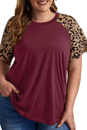 Burgundy Contrast Leopard Raglan Sleeve Plus Size T-shirt