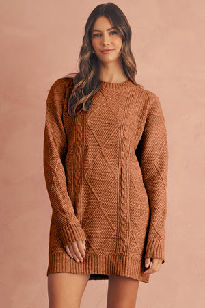 Parchment Twist Cable Knit Drop Shoulder Loose Fit Sweater Dress