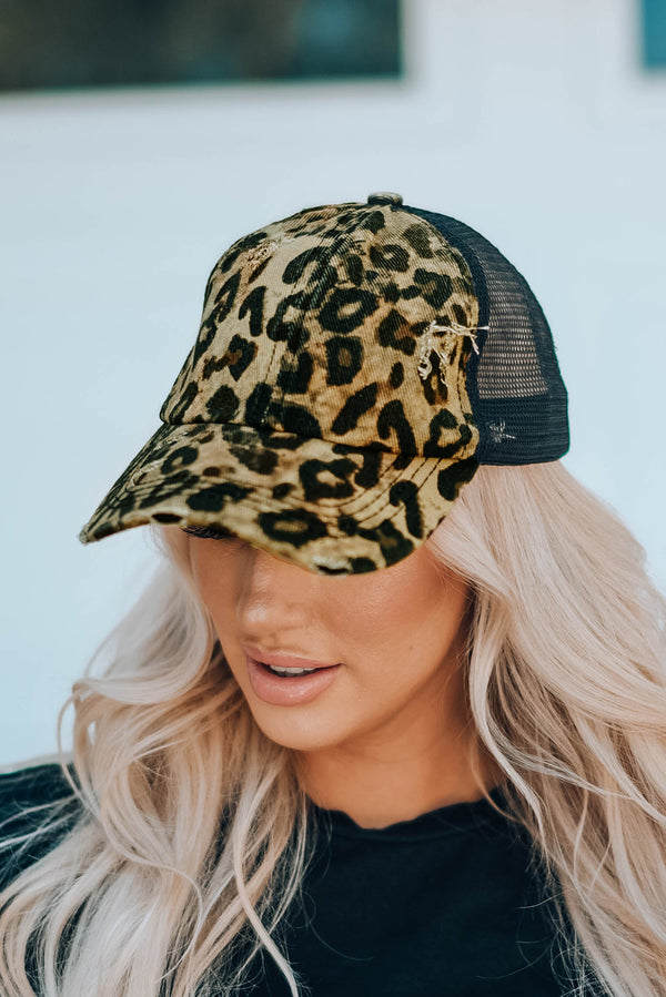 Black Leopard Printed Mesh Splicing Baseball Cap