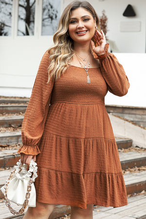 Chestnut Plus Size Smocked Ruffled Sleeve Shirred Mini Dress