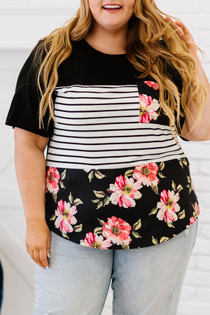 Black Stripe Floral Casual Splicing Block Plus Size Top