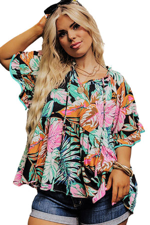 Black Plus Tropical Print Ruffled Sleeve Flowy Blouse